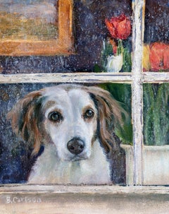 Peinture à l'huile d'un épagneul regardant longuement à travers une fenêtre trempée par la pluie