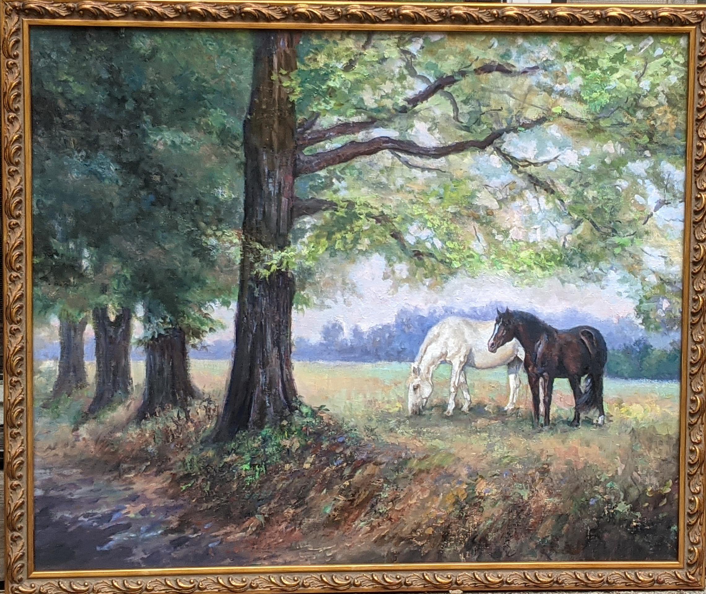 Beth Carlson has done it again with her horse painting “Under the Maples” her astonishingly accurate depiction of her beloved horses are just as beautiful as the lovely landscape with stately maple trees.  A carefully created landscape painting plus