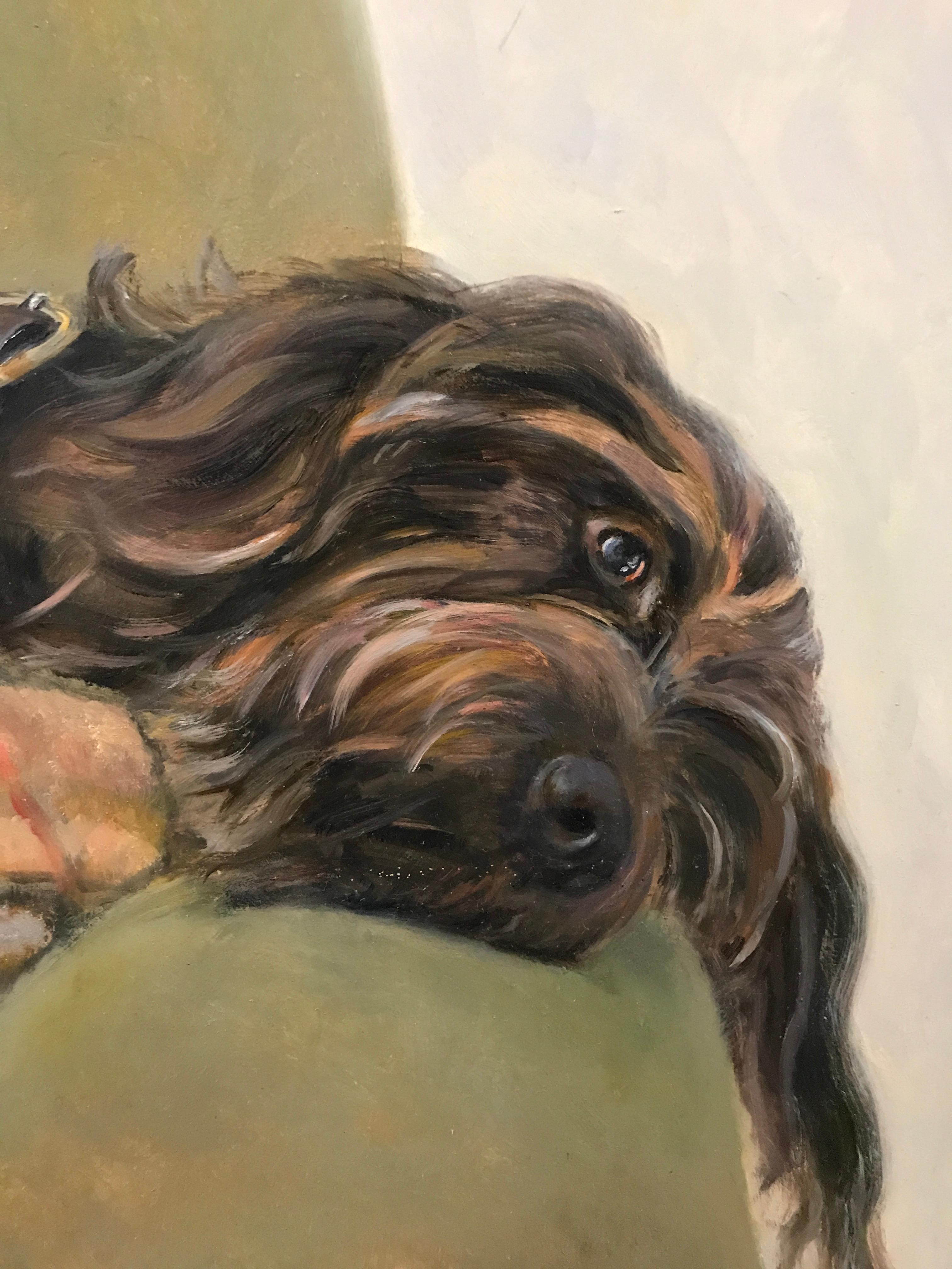 Wirehaired Griffon dog lounging on a sofa  'A Penny for Your Thoughts' intrigues - Painting by Beth Carlson