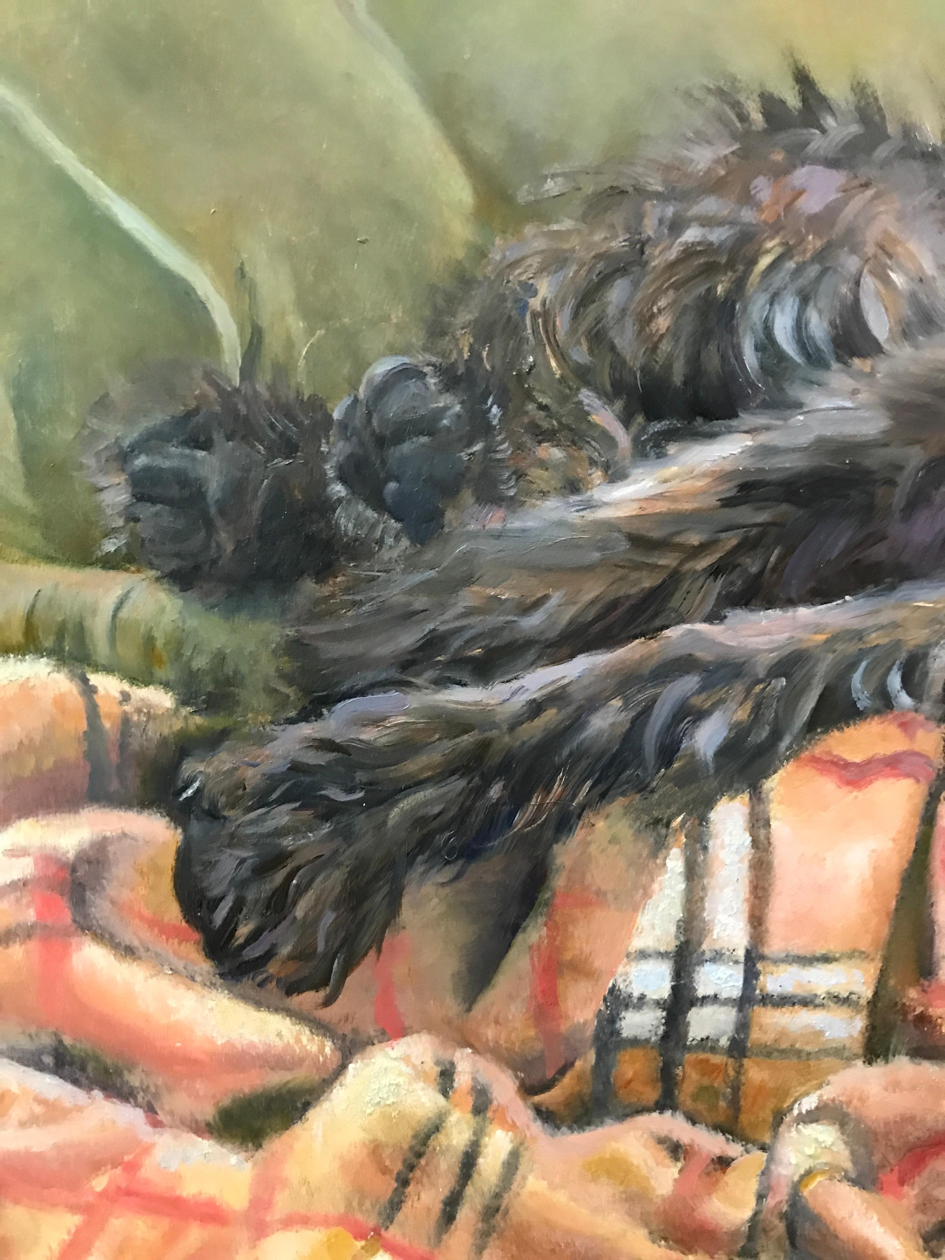 Wirehaired Griffon dog lounging on a sofa  'A Penny for Your Thoughts' intrigues - Realist Painting by Beth Carlson