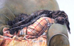 Wirehaired Griffon dog lounging on a sofa  'A Penny for Your Thoughts' intrigues