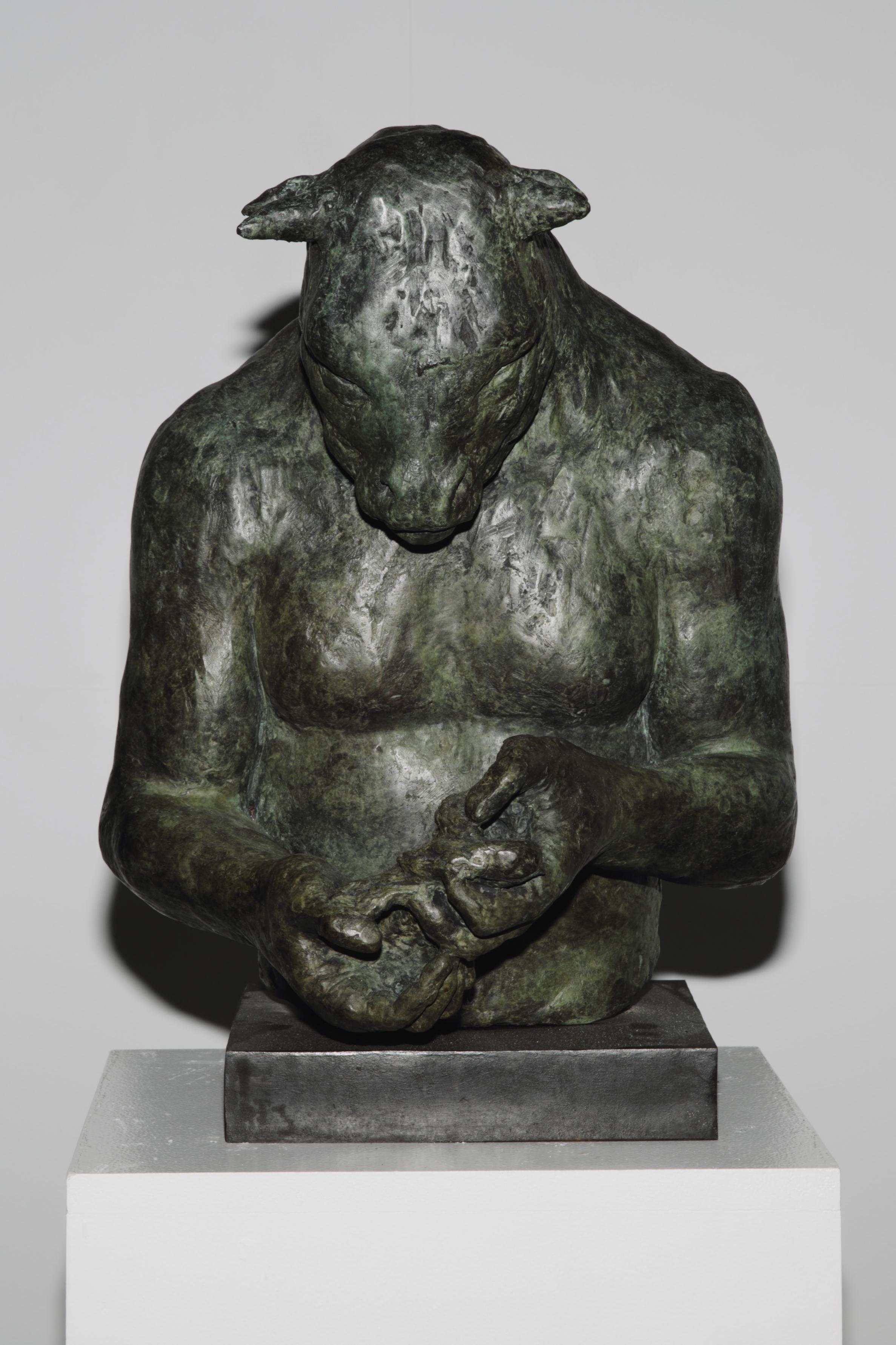 Beth Carter Figurative Sculpture - Large Minotaur Bust (with bird)