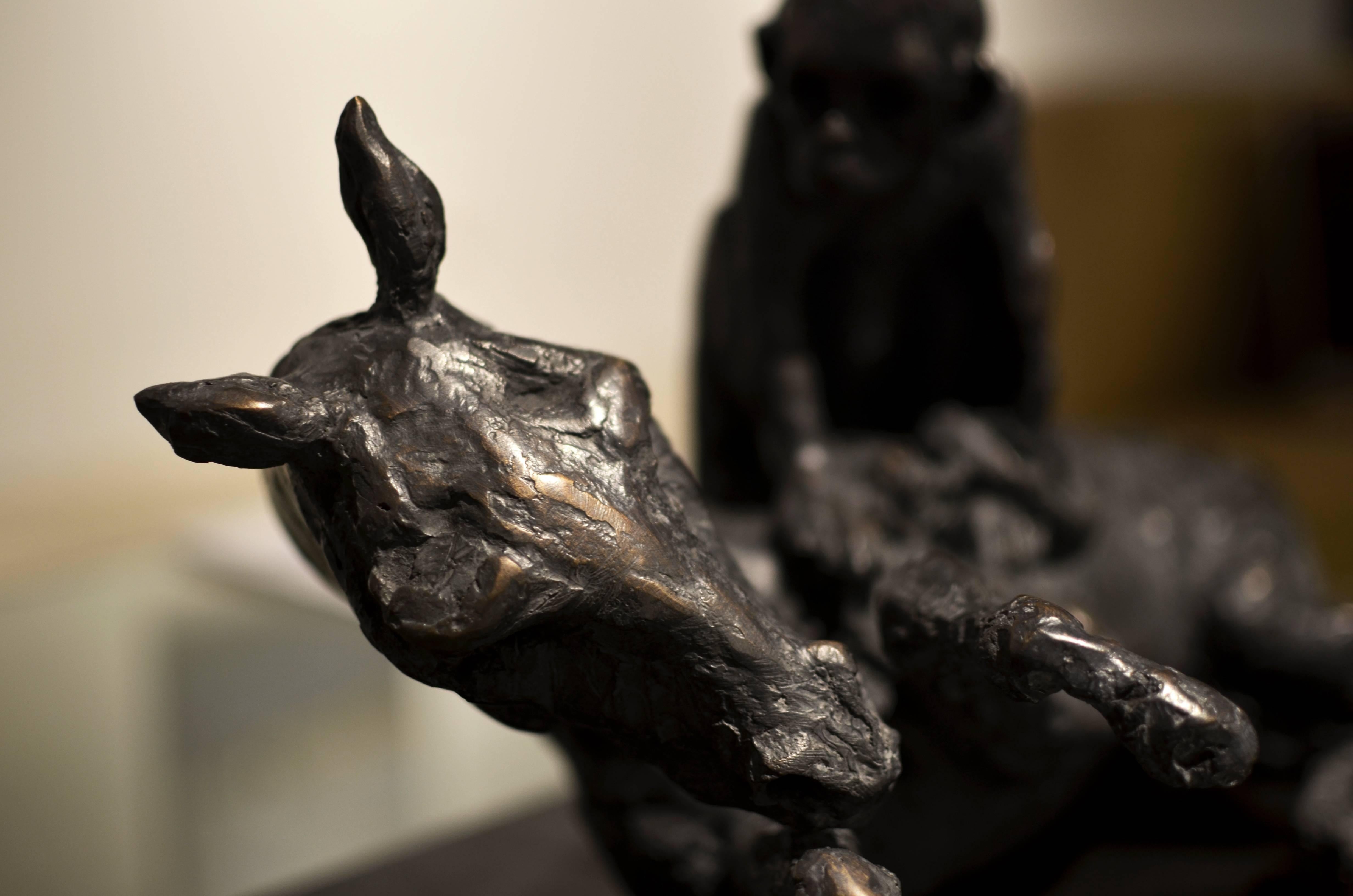This mythological, figurative bronze sculpture depicts a horse and monkey in a dynamic and intimate composition. The sculpture is detailed, depicting rough skin.

Anyone who shares Beth Carter’s fascination with the human condition must surely
