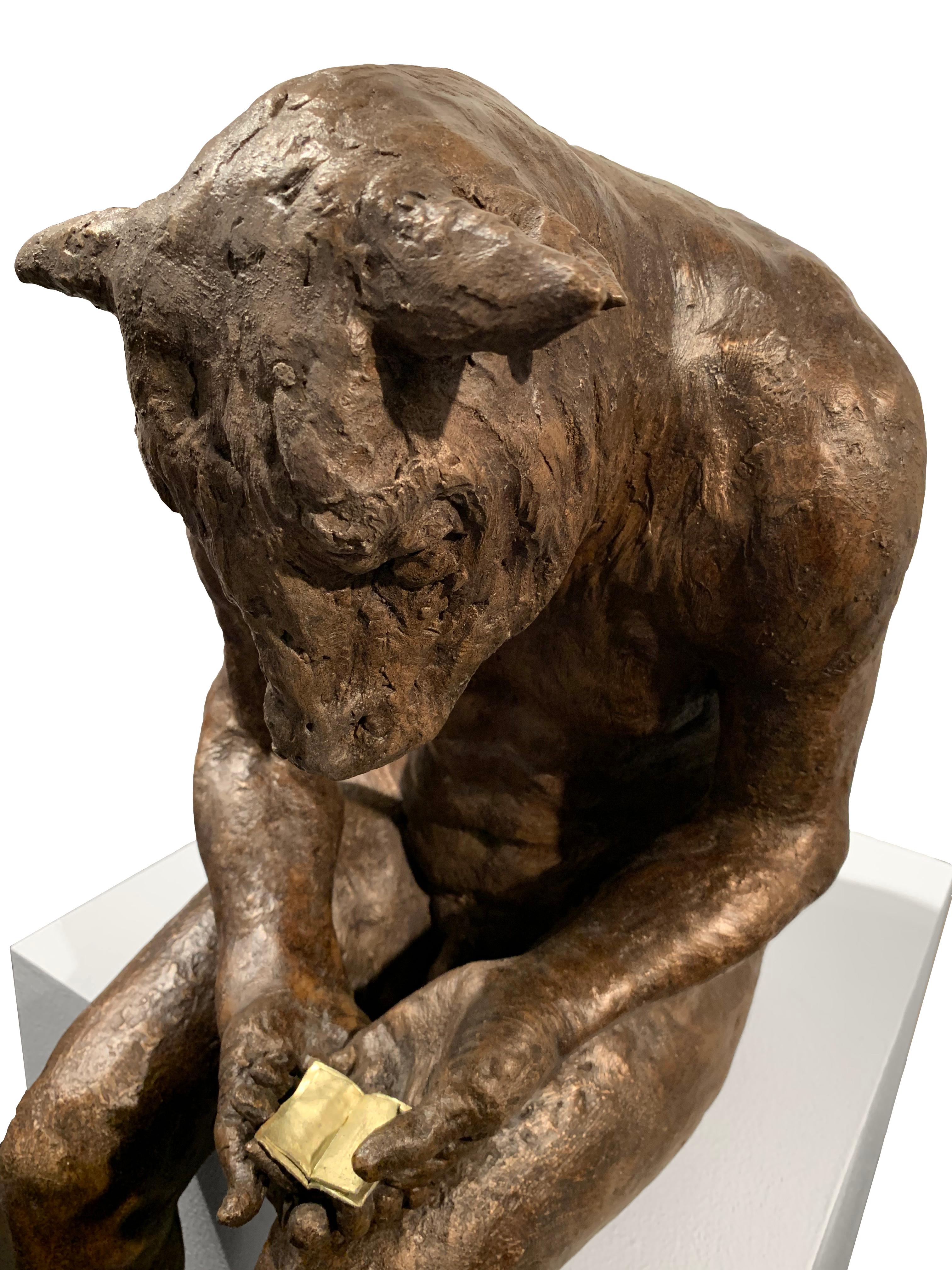 Reading Minotaur IV - Gold Figurative Sculpture by Beth Carter