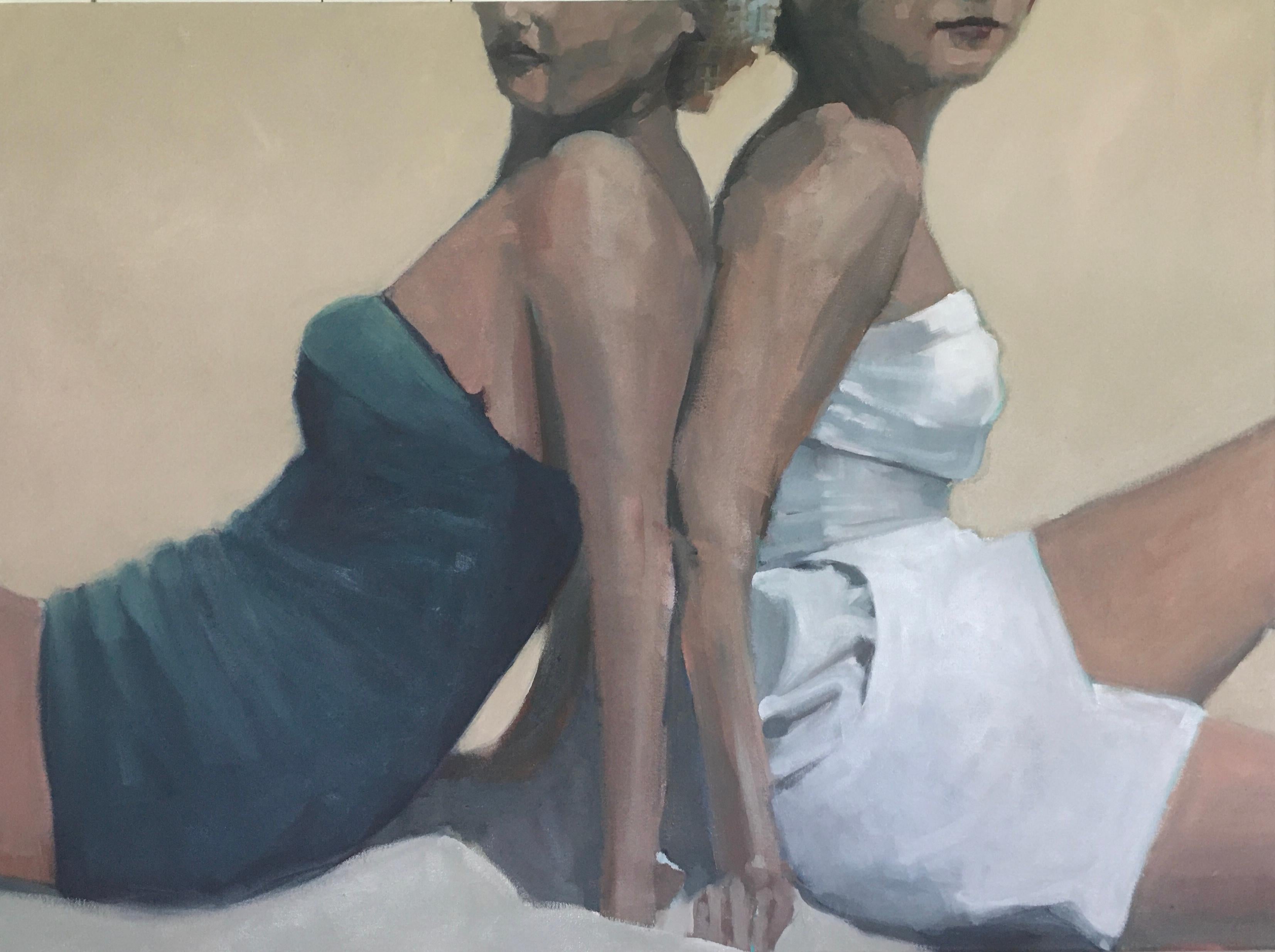 This beach painting, "Back to Back in Amber Sky", is a 30x40 oil painting on canvas by artist Beth Dacey featuring two woman sitting together on the sand of the beach. One woman has a white bathing suit and the other has a blue bathing suit.  The