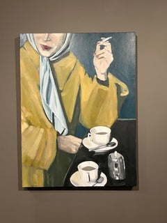 Beth Dacey, "Cigarettes and Coffee", 40x30 Vintage Woman Cafe Oil Painting