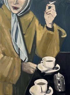Peinture à l'huile vintage « Cigarettes and Coffee » de Beth Dacey, 40x30, représentant une femme au café
