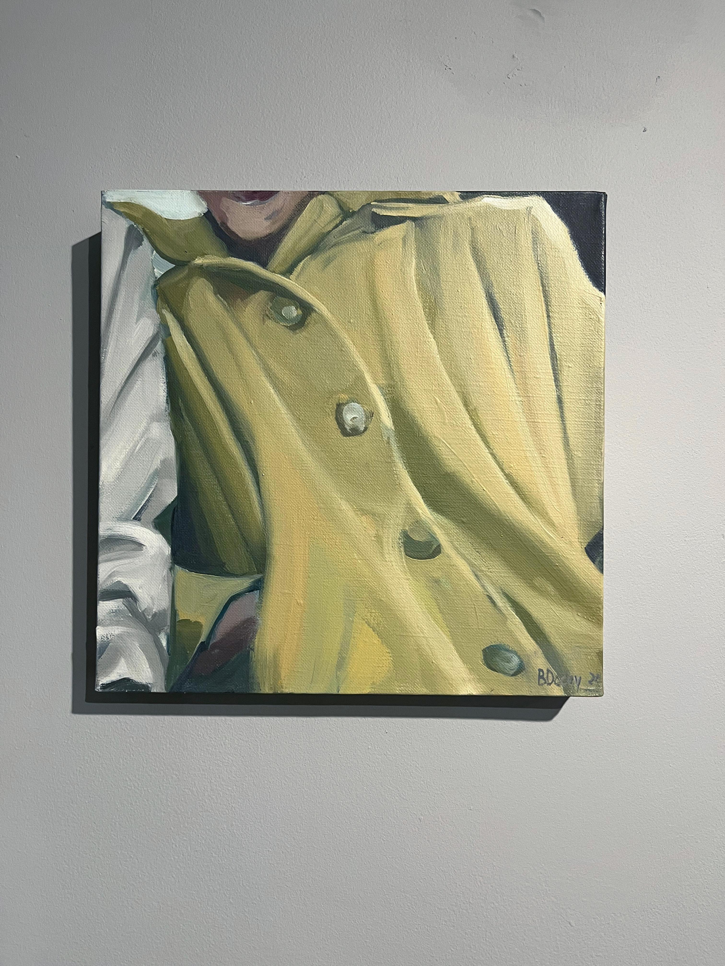 Beth Dacey, „Little Yellow Coat“, 12x12 Vintage Frau, Ölgemälde auf Leinwand im Angebot 1