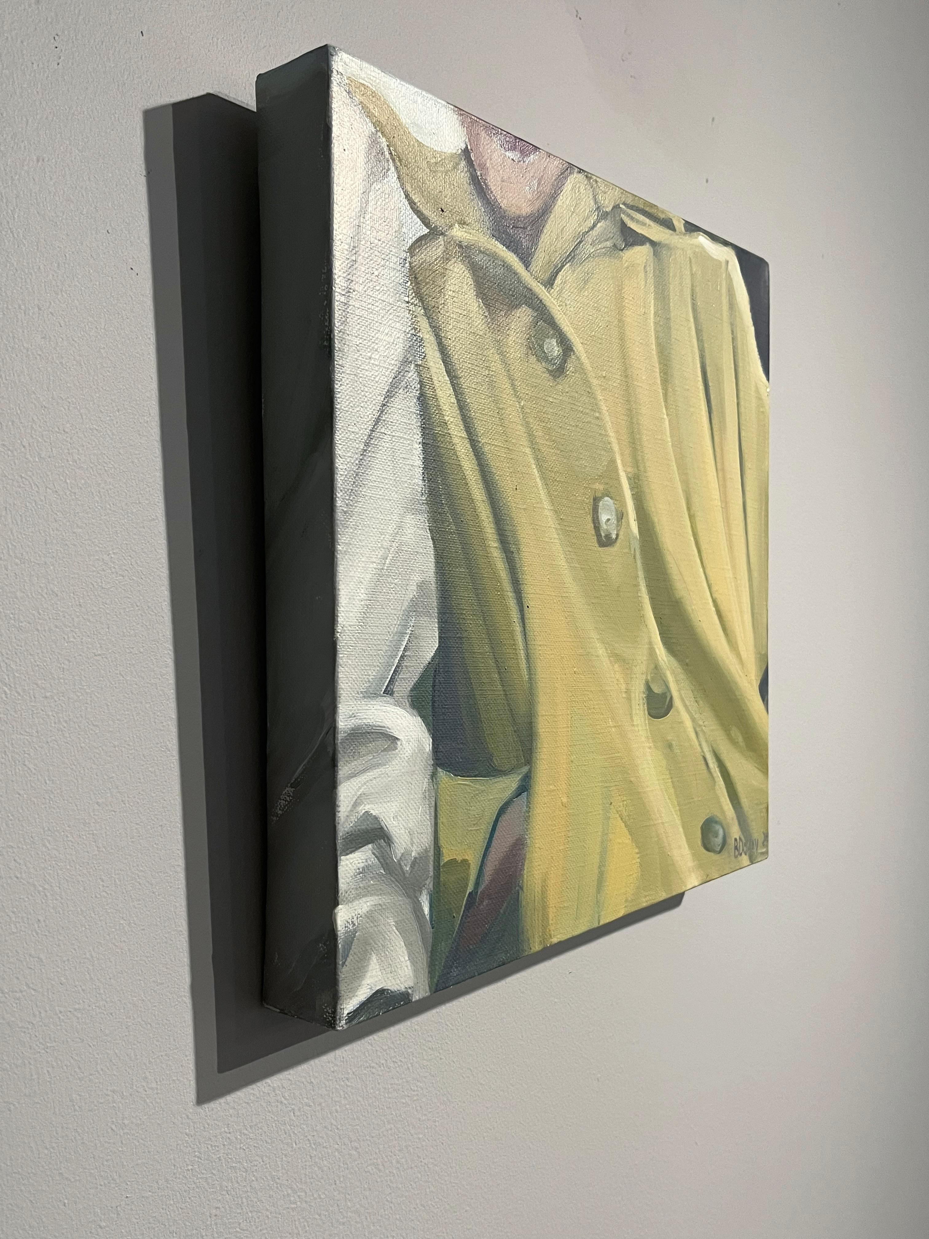 Beth Dacey, „Little Yellow Coat“, 12x12 Vintage Frau, Ölgemälde auf Leinwand im Angebot 2