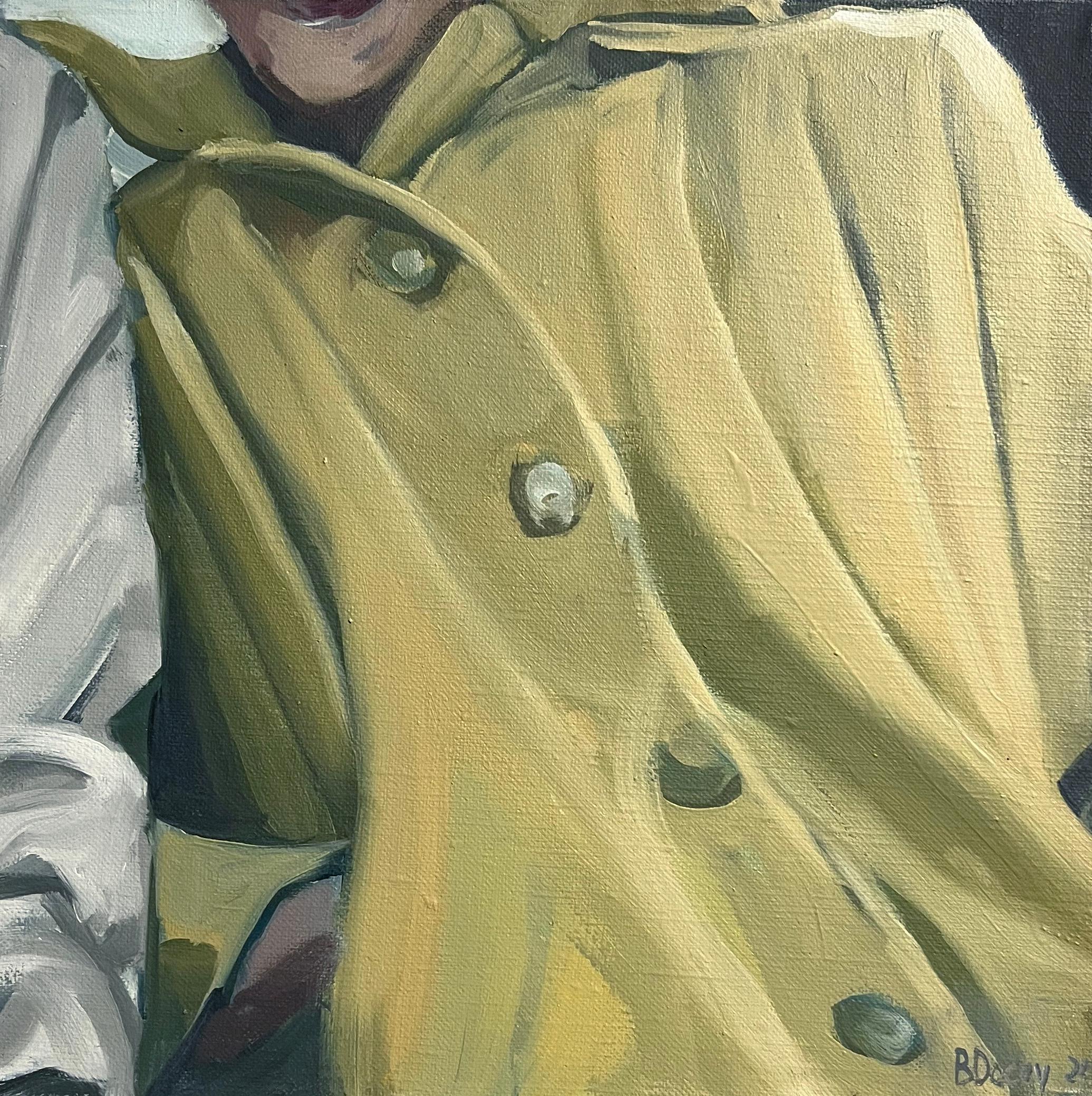 Beth Dacey, "Piccolo cappotto giallo", dipinto a olio su tela 12x12 di donna vintage