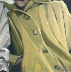 Beth Dacey, "Little Yellow Coat", peinture à l'huile sur toile 12x12, femme vintage