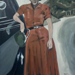 Beth Dacey, „Oranges Kleid“, 36x36 Vintage Frau und Auto, Ölgemälde auf Leinwand