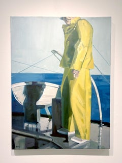 Beth Dacey, "Marinaio con attrezzatura gialla", pittura a olio su tela 40x30 su barca marittima