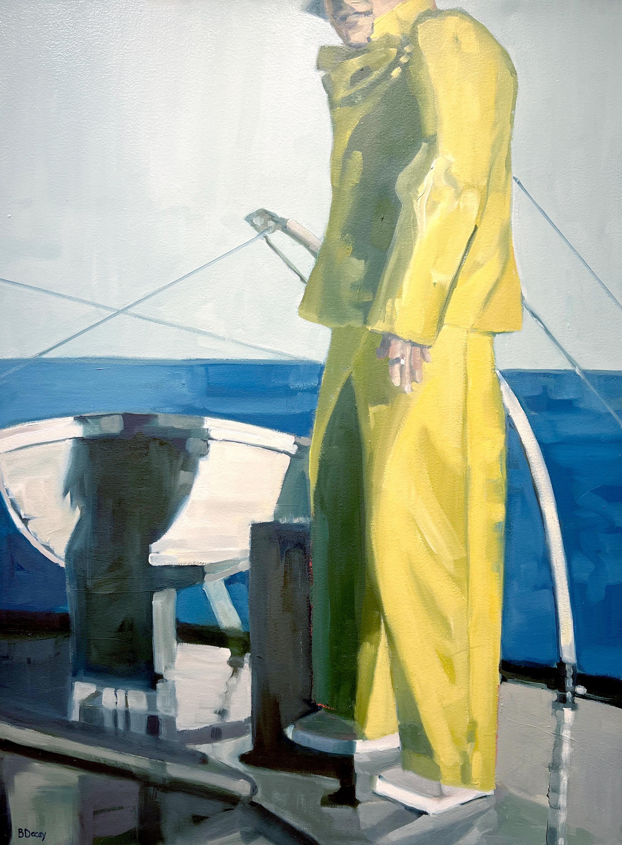 This piece, "Sailor in Yellow Gear", is a 40x30 oil painting on canvas by artist Beth Dacey. Featured is a man in yellow sailor gear standing on the side of the boat looking back towards the viewer, his tall shadow cast from the evening light. In