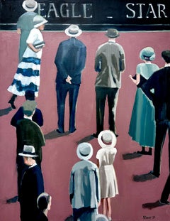 Peinture à l'huile vintage de Beth Dacey, "Waiting for Train", 40x30