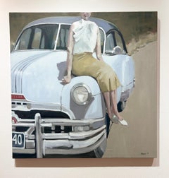 Beth Dacey, "Woman with Blue Car", 36x36 Vintage Figurative Oil Painting