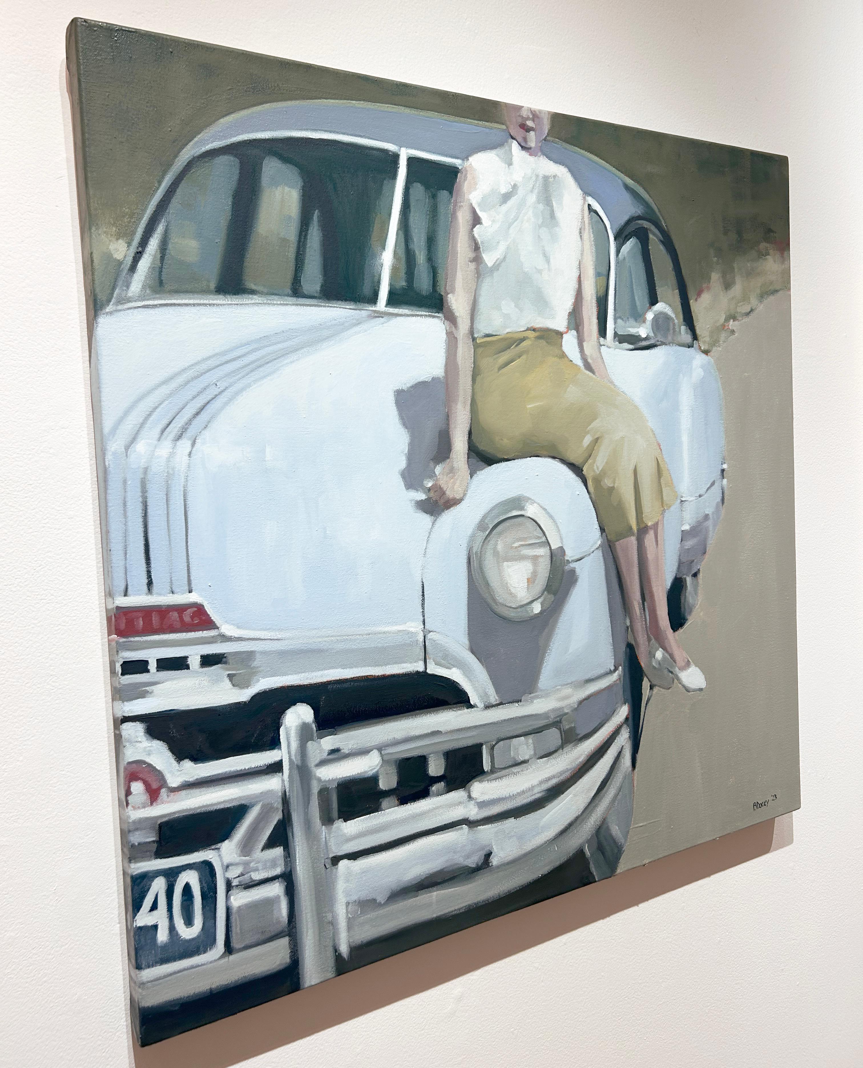 Peinture à l'huile figurative vintage « Woman with Blue Car » de Beth Dacey, 36 x 36  en vente 2