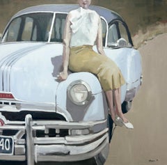 Peinture à l'huile figurative vintage « Woman with Blue Car » de Beth Dacey, 36 x 36 