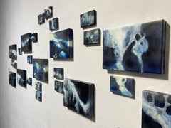 'Crue" 28 panel, abstract painting installation, blue indigo, white, environment