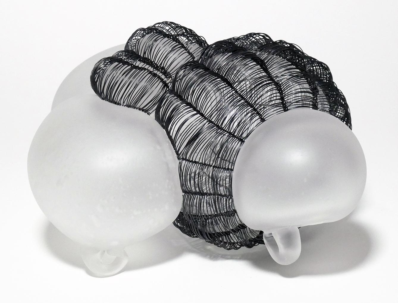 Beth Dary Abstract Sculpture - Caged 2, biomorphic hand-blown glass and woven steel wire sculpture