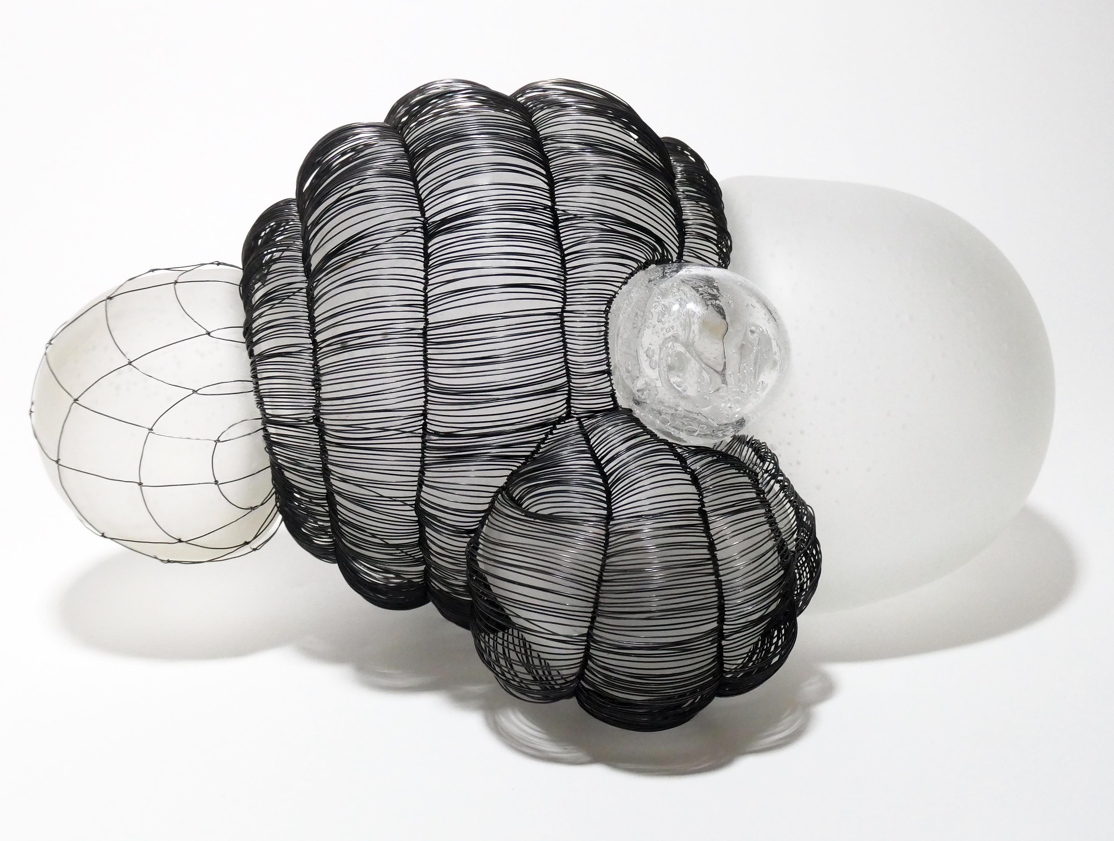 Beth Dary Abstract Sculpture -  Time Passing 1, biomorphic hand-blown glass and woven steel wire sculpture