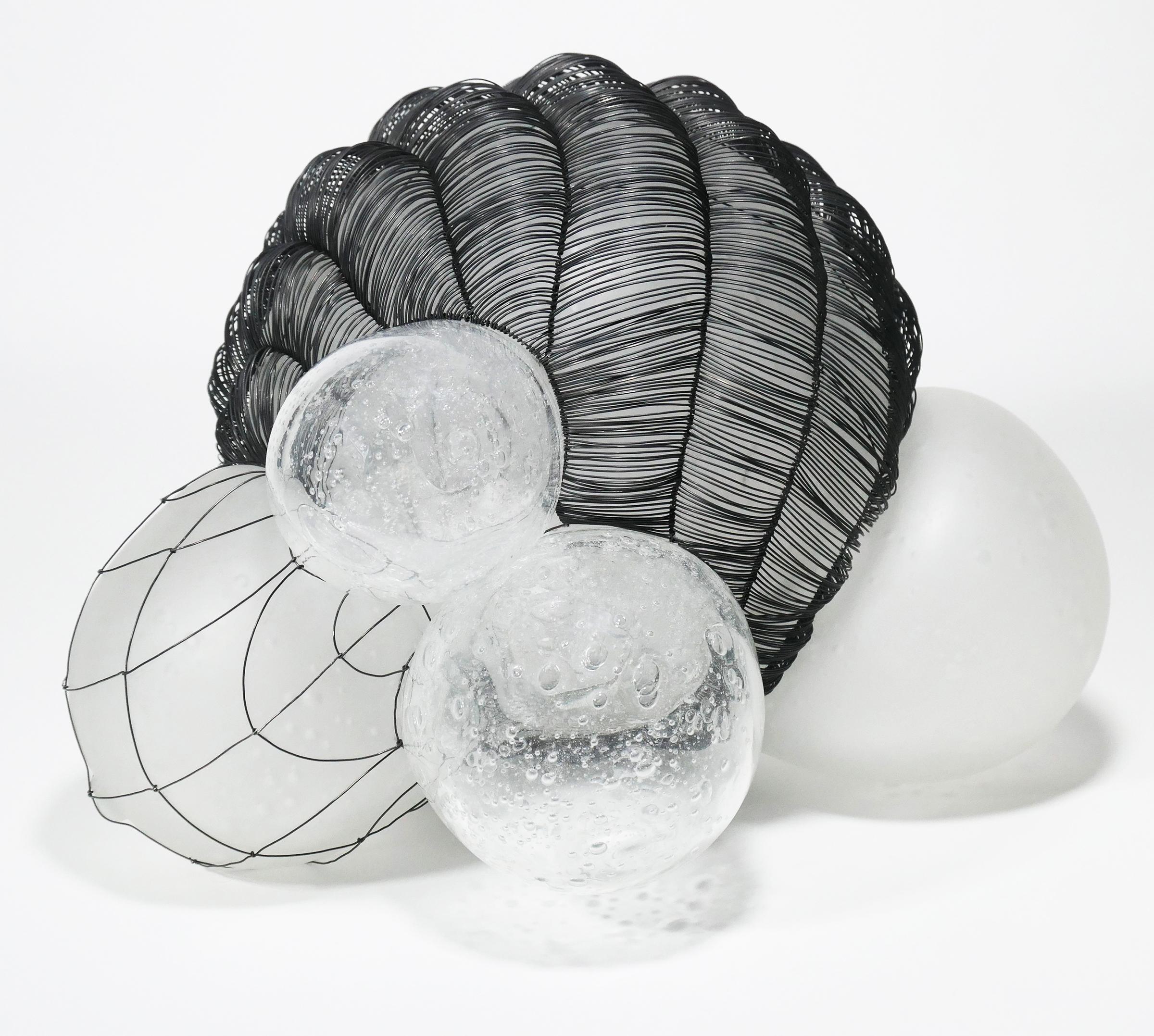 Beth Dary Abstract Sculpture - Time Passing 2, biomorphic hand-blown glass and woven steel wire sculpture