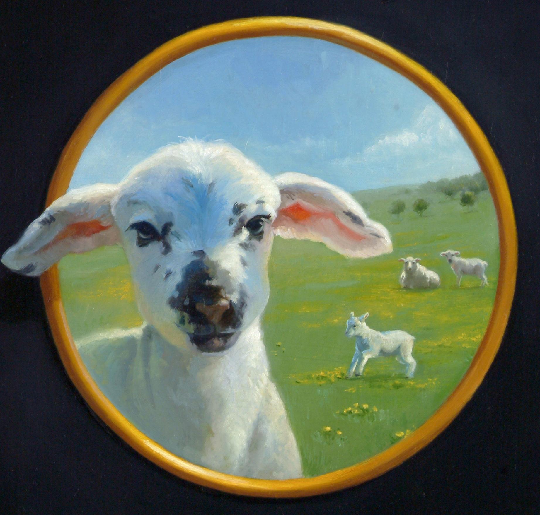 Clever Trompe L'oeil Landscape of Frolicking's Lambs, One About to Jump Through  - Painting by Beth de Loiselle