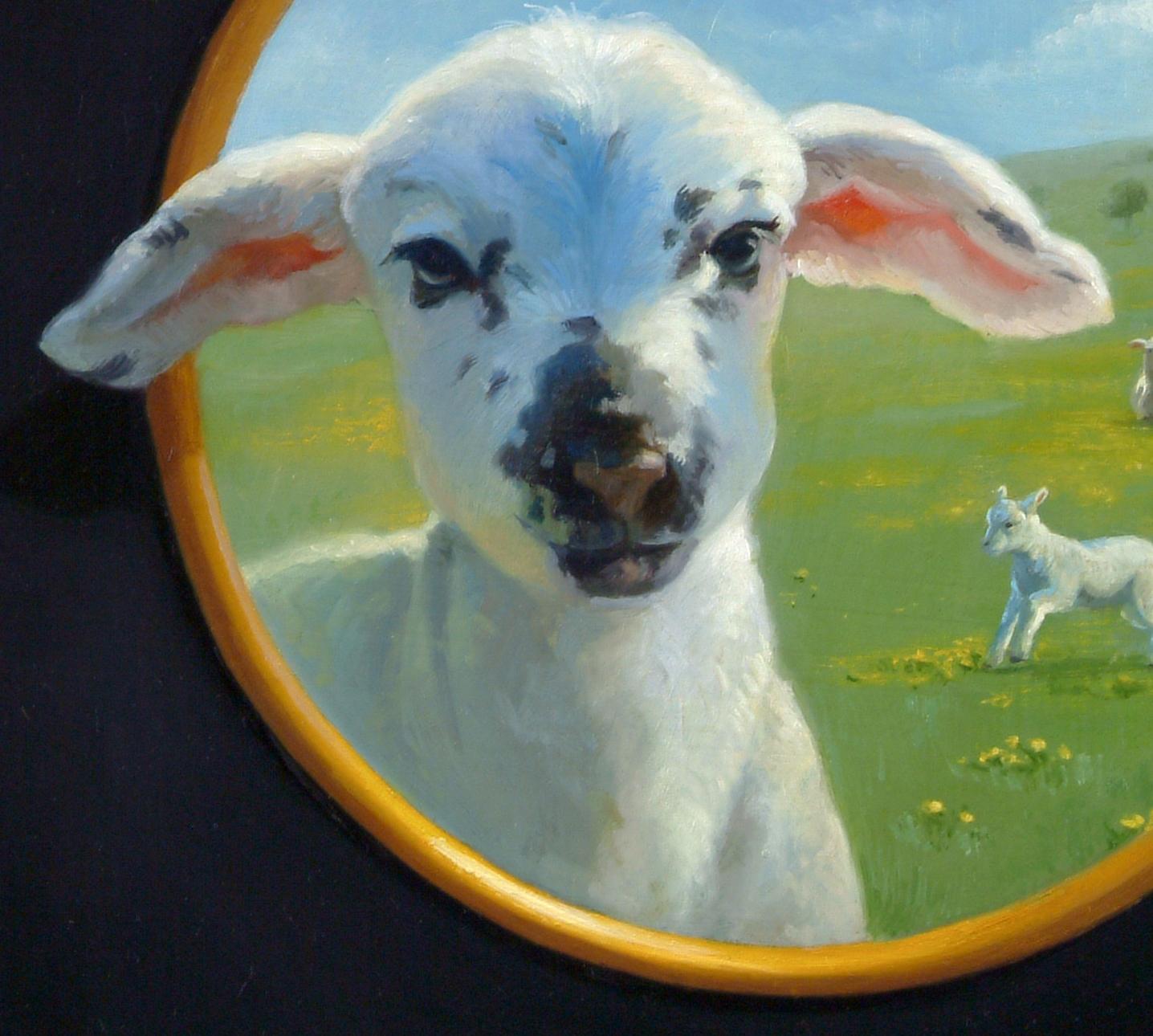 Clever Trompe L'oeil Landscape of Frolicking's Lambs, One About to Jump Through  - Realist Painting by Beth de Loiselle