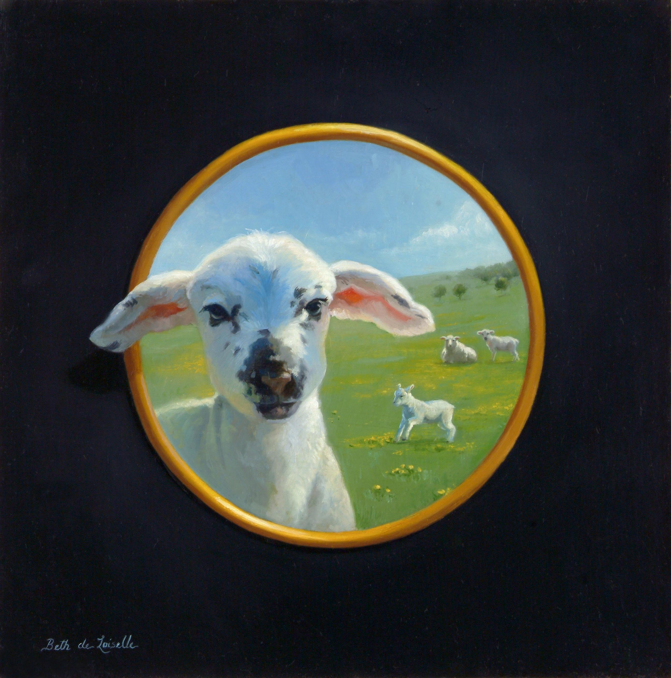Beth de Loiselle Animal Painting - Clever Trompe L'oeil Landscape of Frolicking's Lambs, One About to Jump Through 