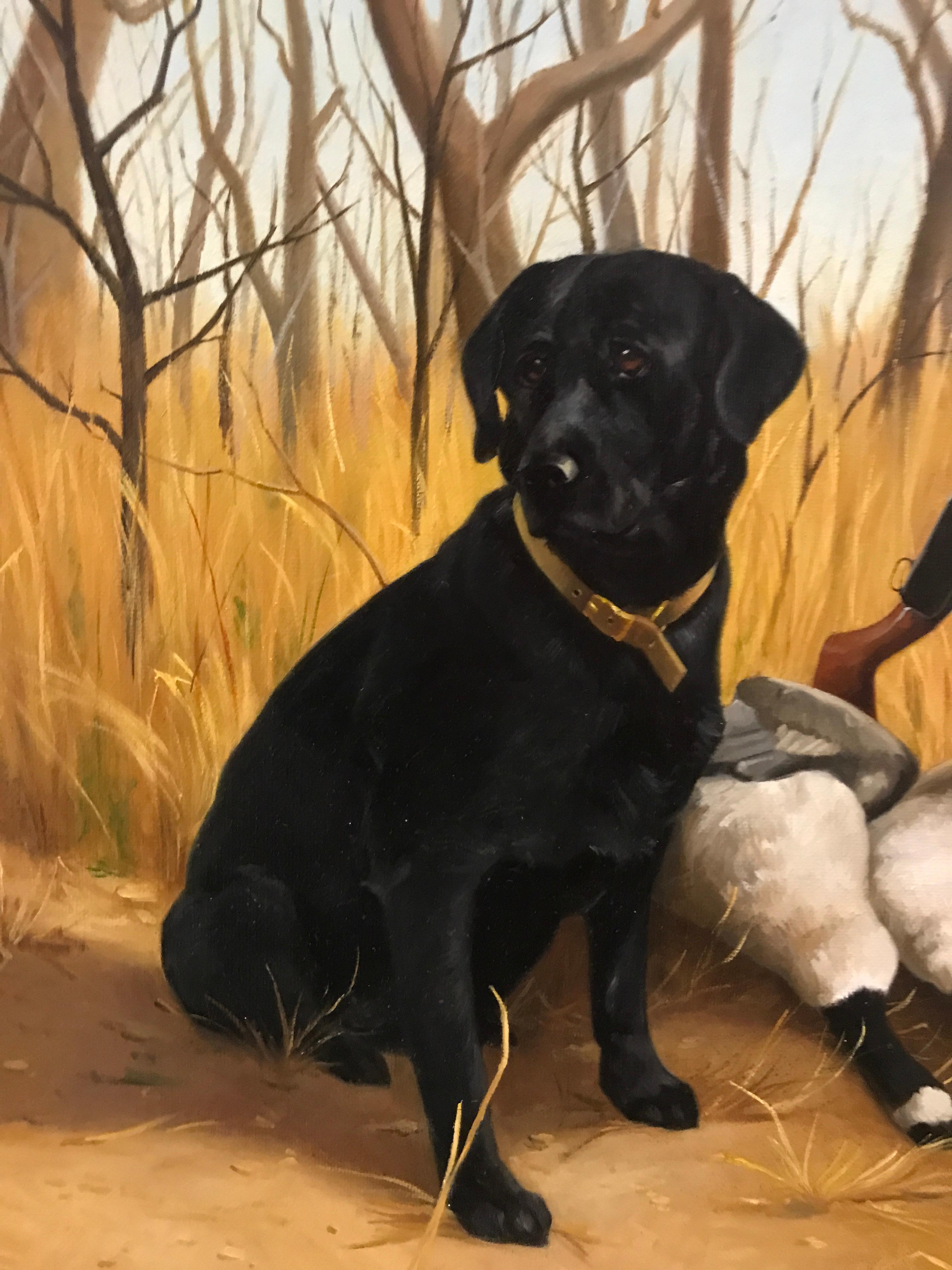 Detailed sporting landscape of a black Labrador Retriever dog, rifle and geese - Painting by Beth de Loiselle