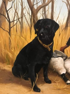 Detailed sporting landscape of a black Labrador Retriever dog, rifle and geese