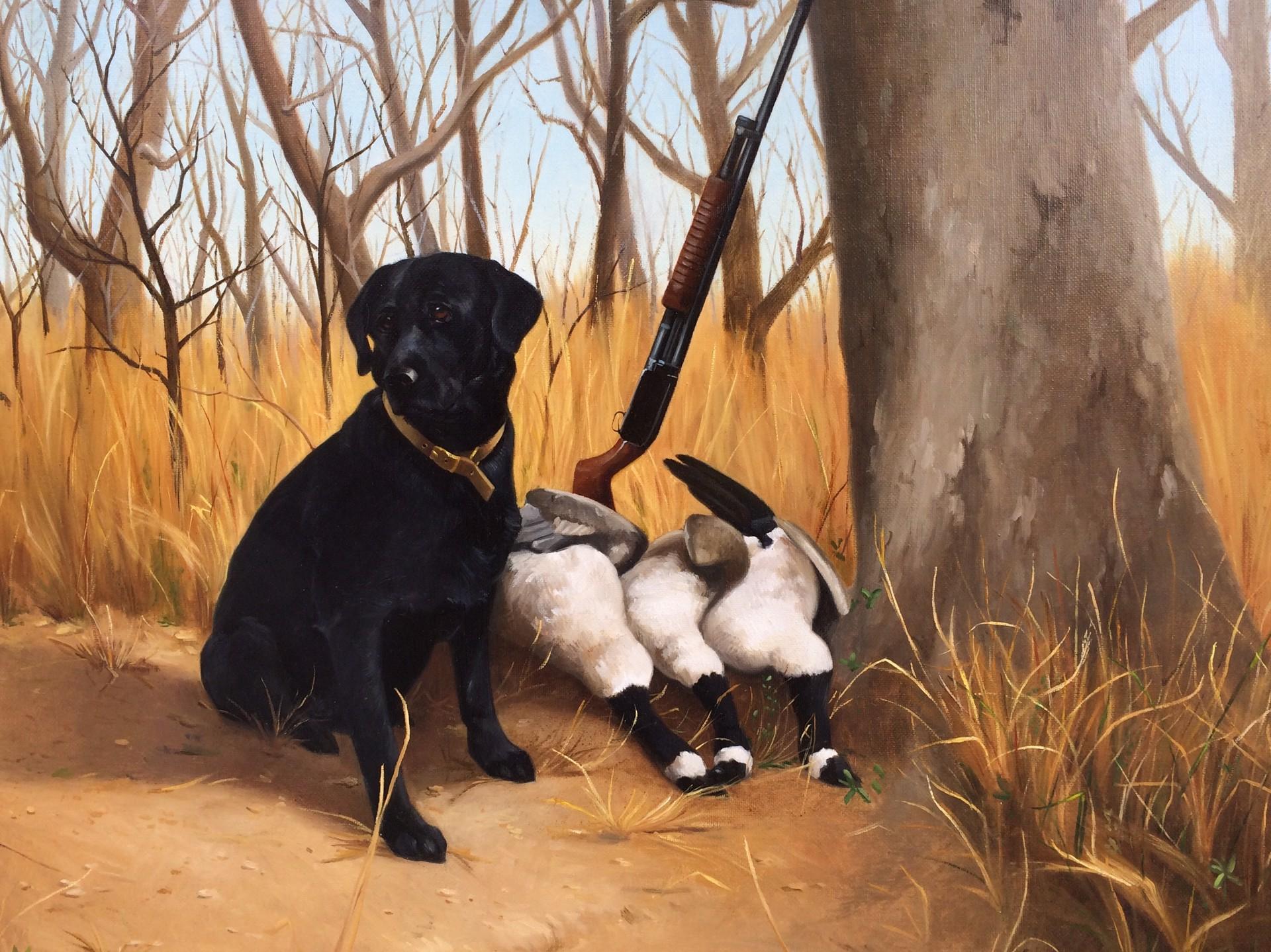 Detailed sporting landscape of a black Labrador Retriever dog, rifle and geese