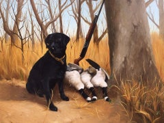 Detailed sporting landscape of a black Labrador Retriever dog, rifle and geese