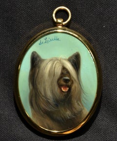 England's popular Skye Terrier, dog 1" x 2" oval miniature on fauxvelvet w/frame