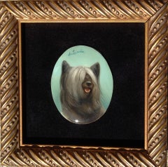England's popular Skye Terrier, dog 1" x 2" oval miniature on fauxvelvet w/frame