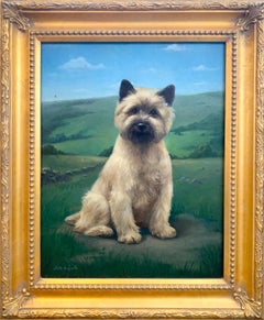 Realistic detailed dog painting of a Cairn Terrier in Scottish Highlands framed