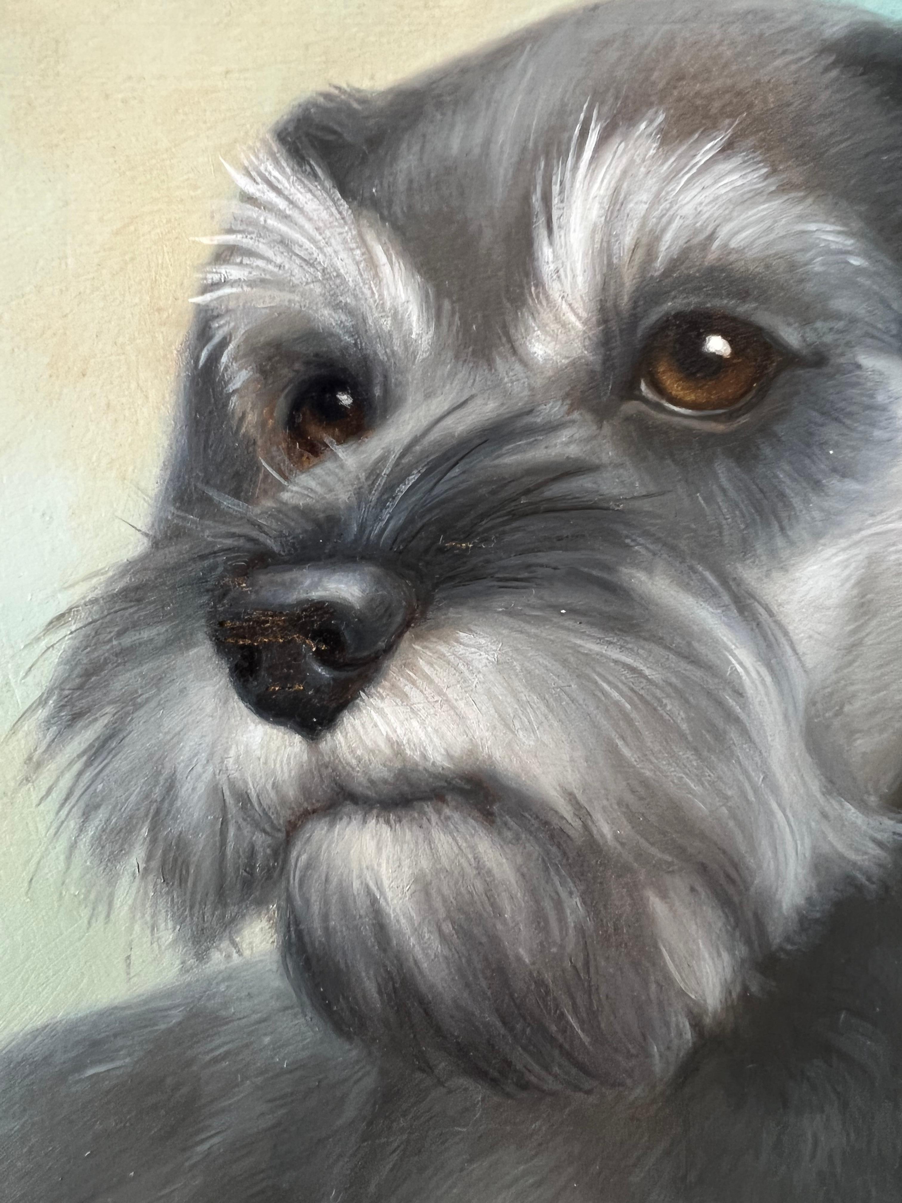 Realistic detailed oil of a romantic Schnauzer dog painting in a frame - Painting by Beth de Loiselle