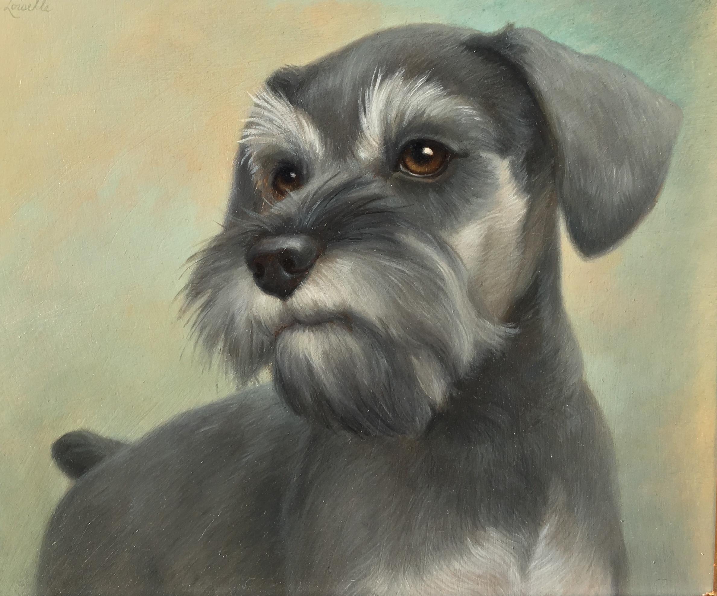 Beth de Loiselle Portrait Painting - Realistic detailed oil of a romantic Schnauzer dog painting in a frame