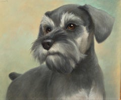 Realistic detailed oil of a romantic Schnauzer dog painting in a frame