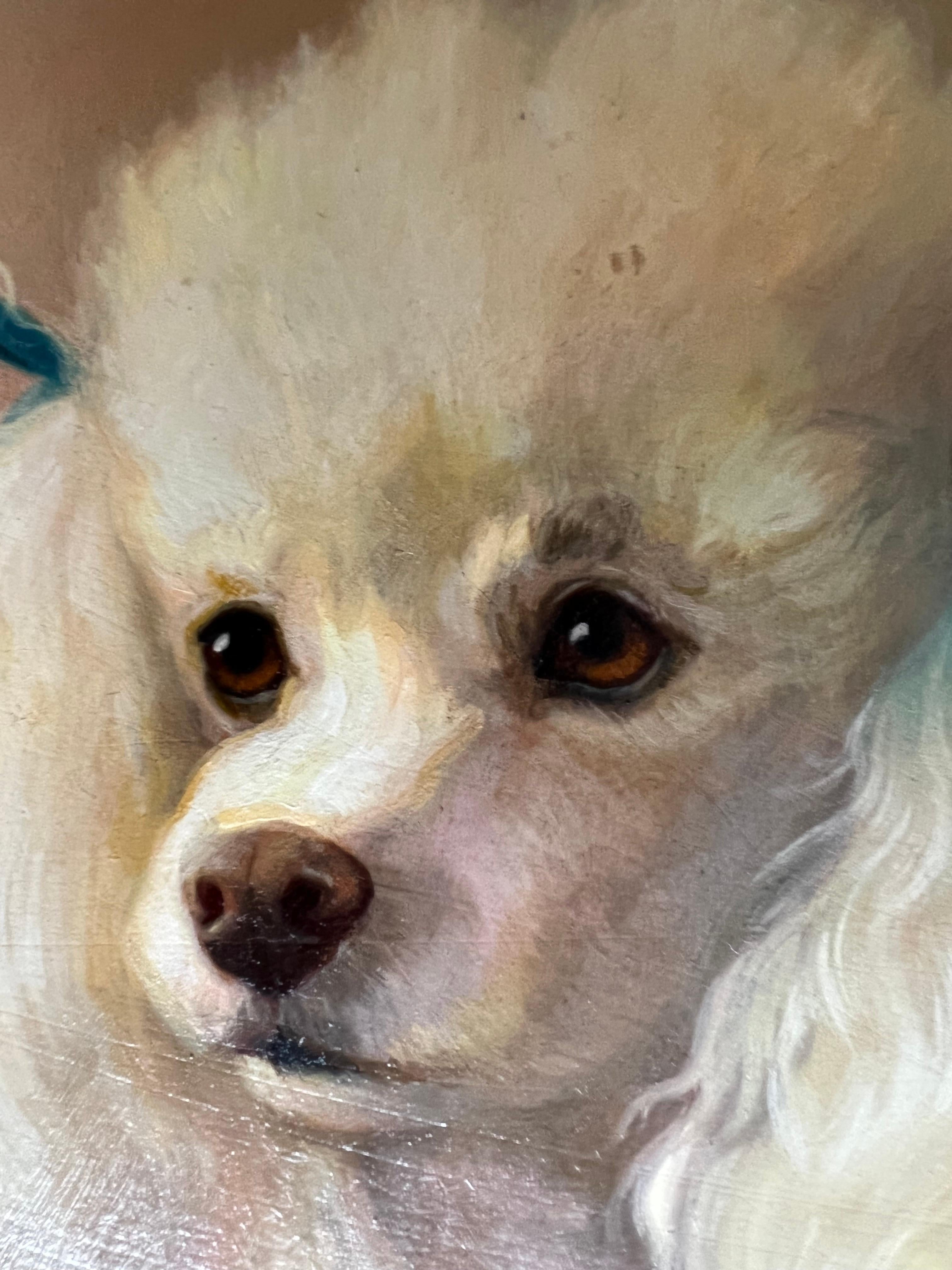 Realistic detailed oil of White French Poodle dog painting in gold frame - Painting by Beth de Loiselle