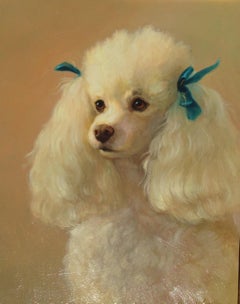 Realistic detailed oil of White French Poodle dog painting in gold frame