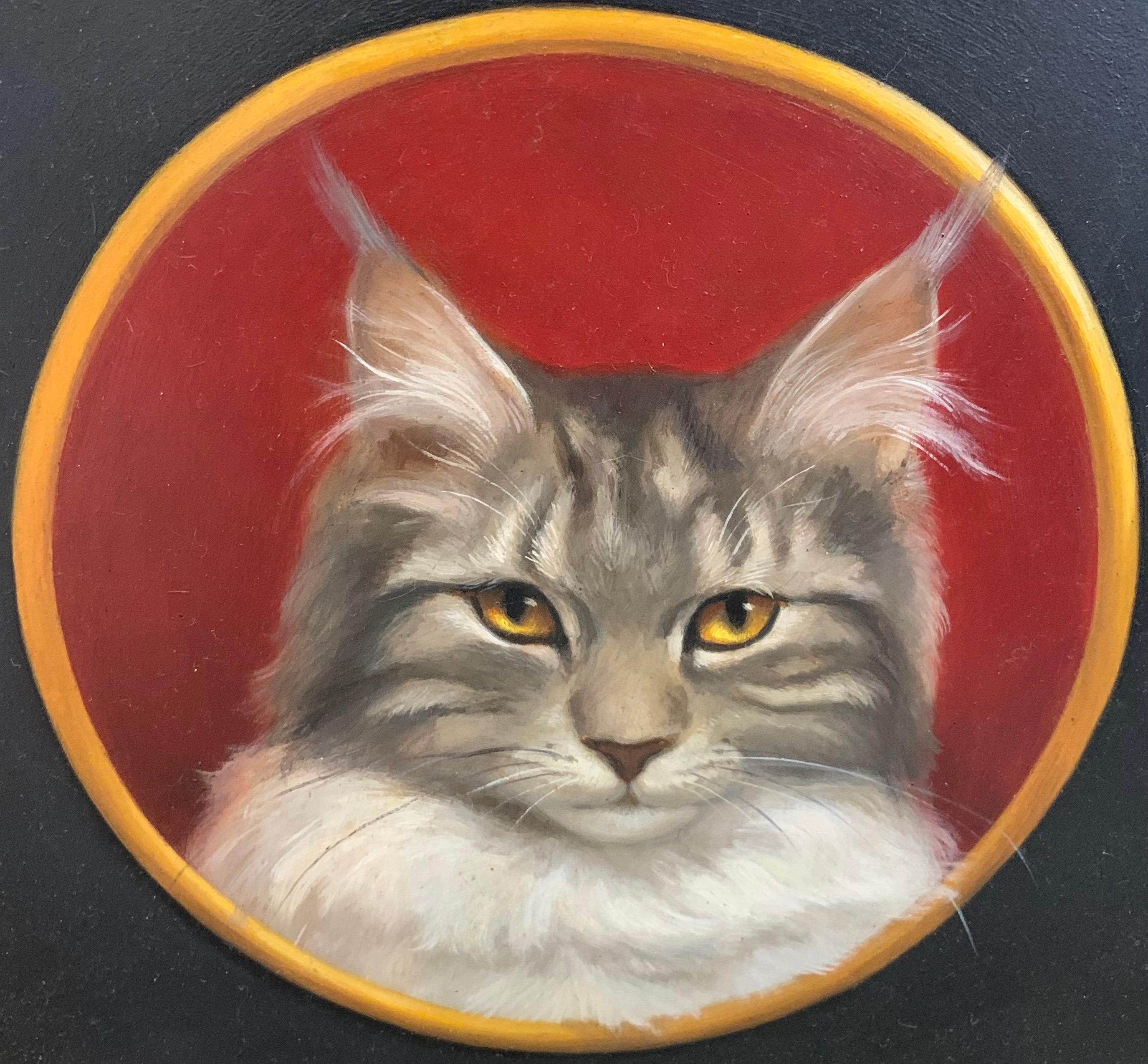Realistic detailed oil painting of a Maine Coon cat painting in frame - Painting by Beth de Loiselle