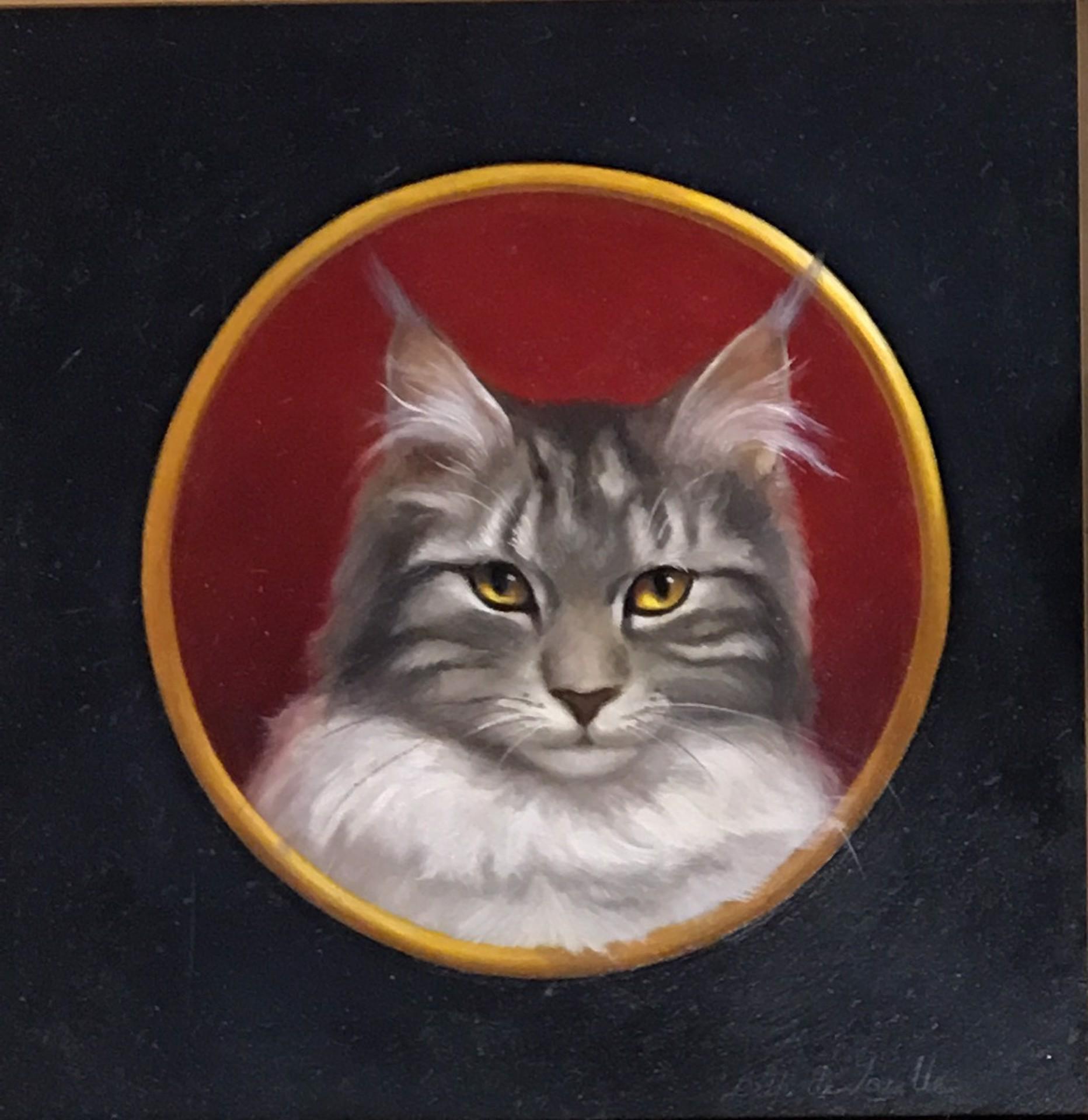 Beth de Loiselle Animal Painting - Realistic detailed oil painting of a Maine Coon cat painting in frame
