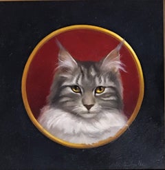 Realistic detailed oil painting of a Maine Coon cat painting in frame