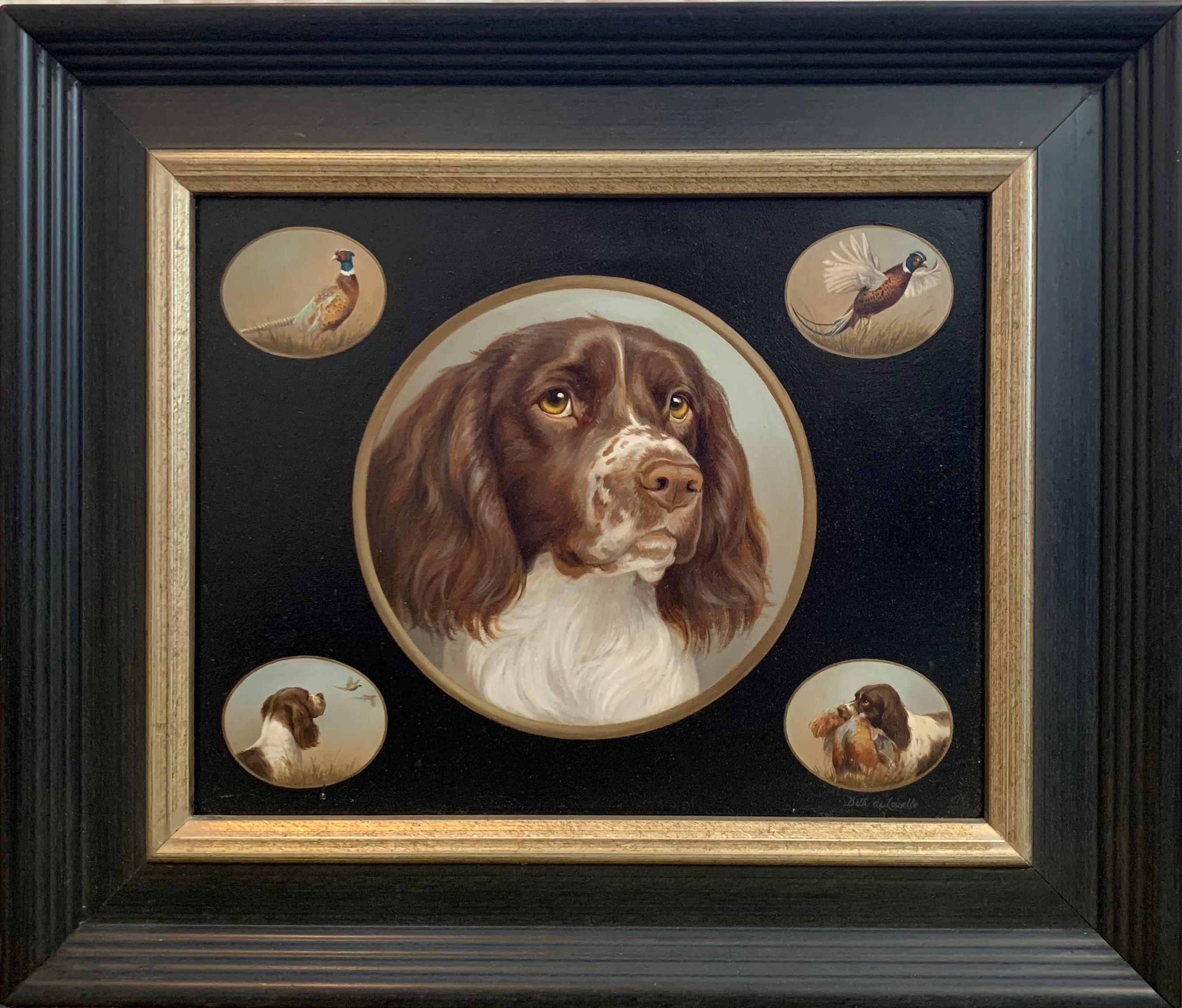 Sporting Art Springer Spaniel, Dog, Bird Hunting with Oil Miniatures in Vignette - Painting by Beth de Loiselle