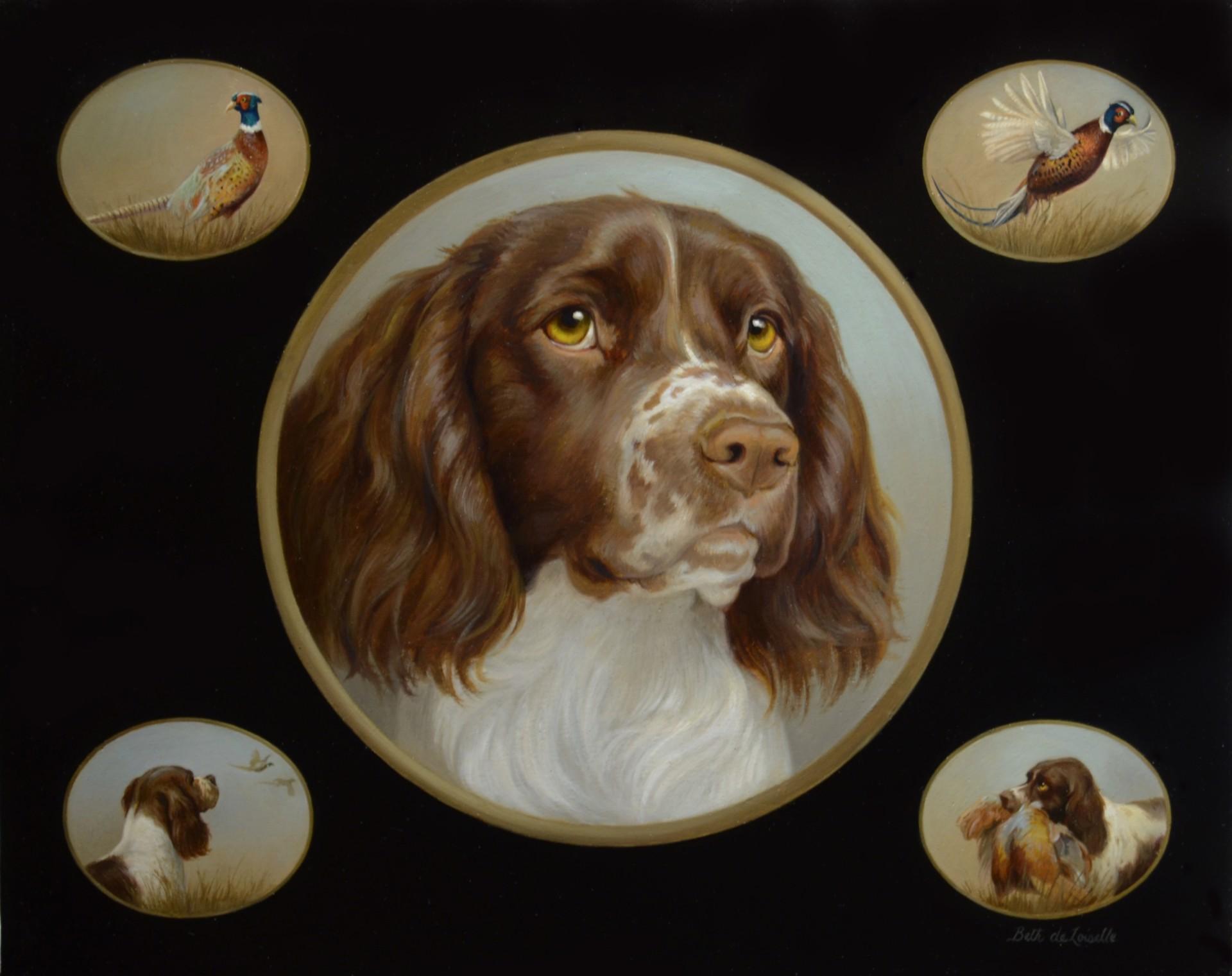 Beth de Loiselle Portrait Painting - Sporting Art Springer Spaniel, Dog, Bird Hunting with Oil Miniatures in Vignette