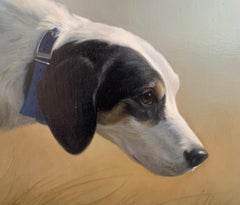 Sporting painting of a detailed close up of English Pointer pointing at a bird