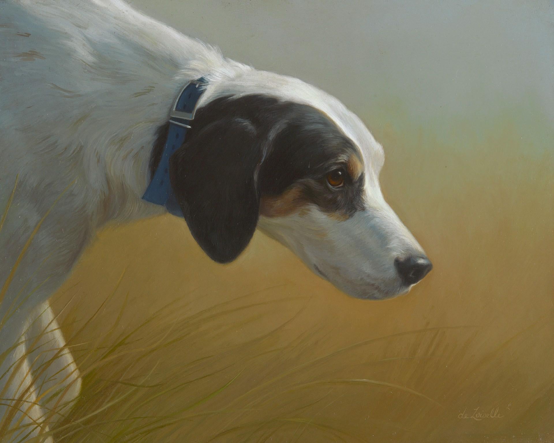 Beth de Loiselle Portrait Painting - Sporting painting of a detailed close up of English Pointer pointing at a bird 