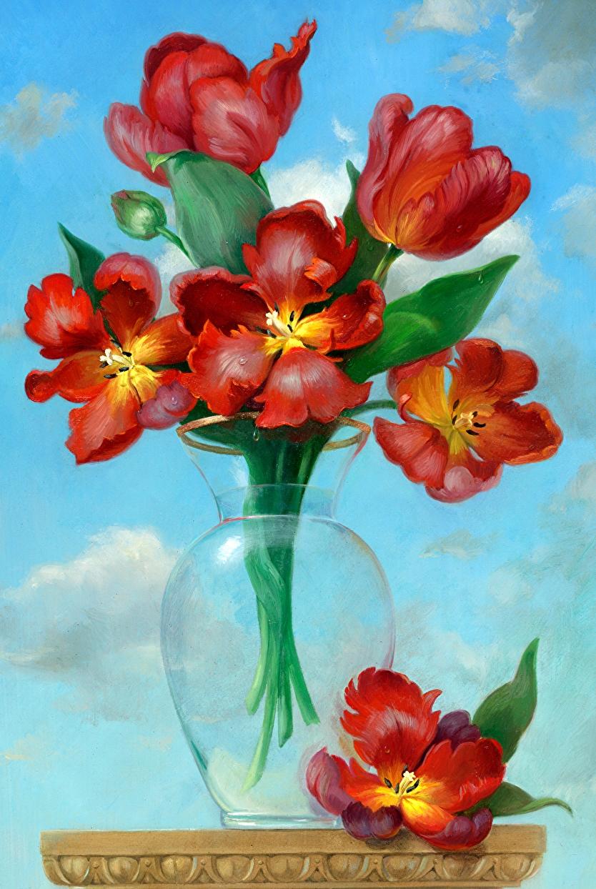 Vibrant Red Parrot Tulips Reach Up to The Sky in Dramatic Vertical Still-Life - Painting by Beth de Loiselle
