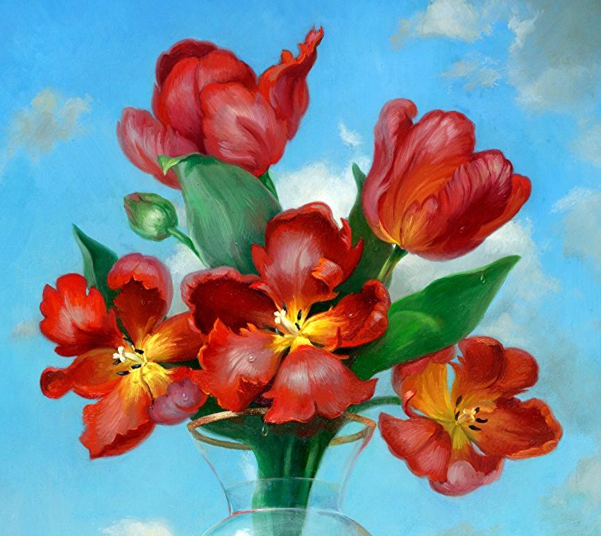Vibrant Red Parrot Tulips Reach Up to The Sky in Dramatic Vertical Still-Life - Realist Painting by Beth de Loiselle
